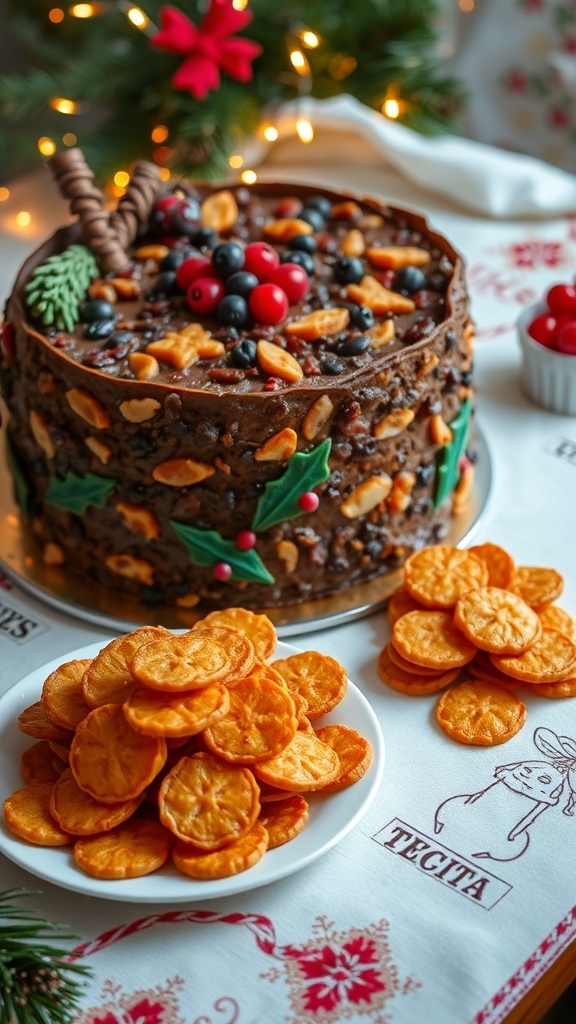 Traditional Christmas cake with dried fruits and nuts, accompanied by wine snaps on a festive table.